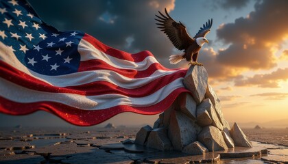 Symbolic Representation of National Pride and Freedom Displayed Through American Iconography on a Dramatic Natural Landscape at Sunset