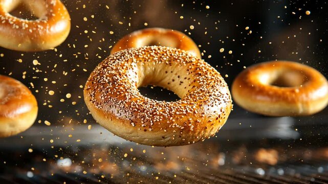 Freshly Baked Sesame Bagels Floating in Air, Showcasing Their Golden Crust and Soft Interior, Perfect Snack for Breakfast Lovers and Food Enthusiasts.