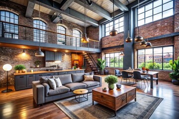 Panoramic Grey Whetstone Loft Interior: Modern Industrial Design