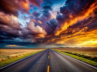 Fototapeta premium Panoramic Highway Asphalt Road Dramatic Cloudy Sky - Stunning Landscape