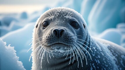 Cute seal with frosty whiskers surrounded by icy landscape in natural habitat.