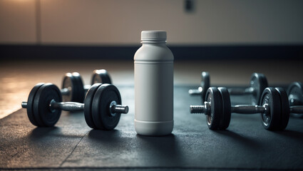 White supplement bottle surrounded by dumbbells, ideal for fitness and health product promotions.