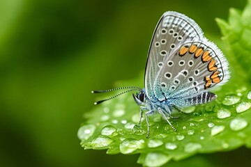 Obraz premium Vibrant butterfly with intricate wing patterns resting on a bright green leaf covered in glistening dewdrops, capturing the beauty and tranquility of nature