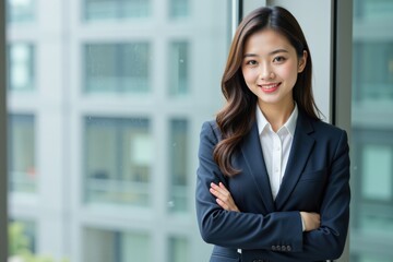 Confident Young Asian Businesswoman in Formal Attire Smiling in Modern Office Environment with Large Windows Overlooking Cityscape