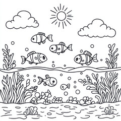 A simple coloring page of an underwater scene with fish swimming in the ocean, sun and clouds above the water surface, simple shapes for kids to color,