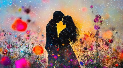 Romantic Silhouette of Couple in Colorful Flower Field at Sunset