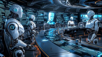 Future council of robots, discussing strategy and innovation at corporate