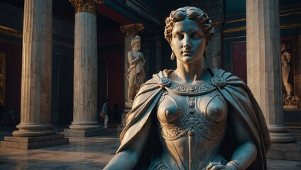 Obraz premium A beautifully crafted bust of a warrior woman in an ancient museum setting, surrounded by marble columns and statues. The intricate armor details enhance the historical ambiance