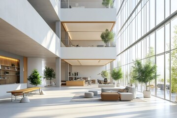 Modern office lobby with large windows and plants creating a welcoming space