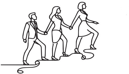 continuous line drawing of team members holding hands together following their leader vector 