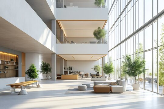 Modern office lobby with large windows and plants creating a welcoming space