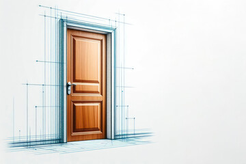 Wooden door in the drawing sketch. Space for text.