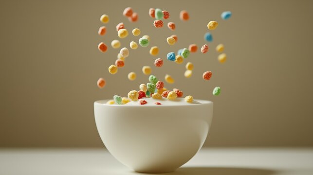 Colorful cereals falling into the milk bowl