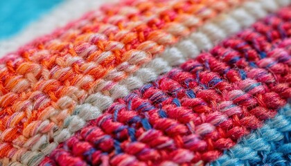 Ultra-macro shot of a beach towel&rsquo;s woven fibers, emphasizing the colorful texture under bright sunlight with vivid threads and soft fabric detail.
