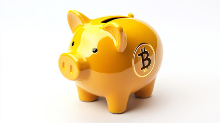 On a white background, a yellow piggy bank with a bitcoin symbol on the side.