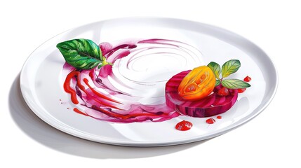 Create a modern plant-based gourmet plate with roasted vegetables, edible leaves, and a bright beetroot purÃ©e, artistically swirled on a flat white plate. 