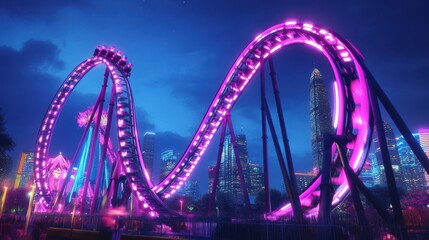 Fototapeta premium Vibrant Roller Coaster at Night with City Lights in Background