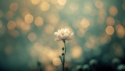 Delicate white blossom with a dreamy bokeh backdrop in soft gold and teal. Ideal for romantic designs, nature themes, and poetic art