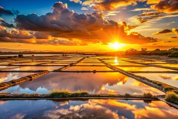 Panoramic View of Noirmoutier Salt Marshes, France: Stunning Sunset over Coastal Salt Pans