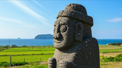 Traditional stone statue overlooking the ocean