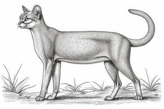 An illustration of a slender, upright feline with a long tail, depicted in a natural setting with grass, showcasing detailed line work.