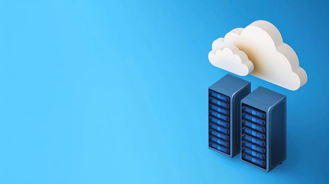 Cloud based file storage concept. Cloud computing concept with server towers against a blue background.