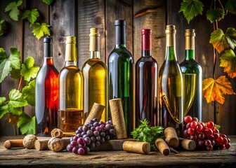 Naklejka premium Panoramic View of Wine Bottles with Corks, Rustic Winery Setting