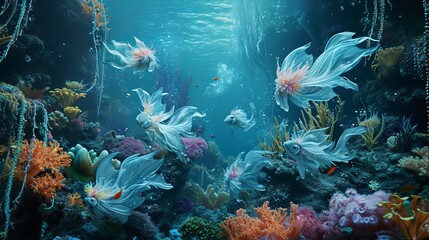 Fototapeta premium A surreal underwater tableau featuring aquatic fairies with translucent fins gracefully swimming among coral reefs. The play of bioluminescent colors scientific illustrations, merging fantasy