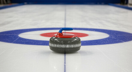 Competitive curling match with a stone sliding towards the target