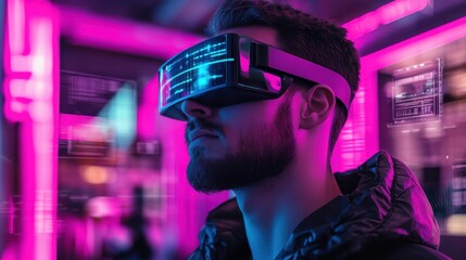 Young Man Wearing Futuristic Virtual Reality Headset in Neon Light