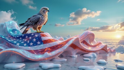 Majestic avian predator perched proudly atop artistic rendition of stars and stripes, embodies national pride, spirit of freedom against a breathtaking sunset panorama