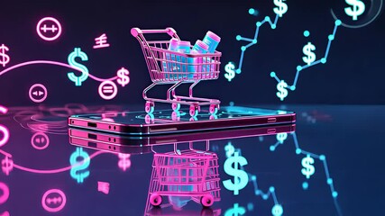 Online shopping concept with a glowing shopping cart, mobile phone, and financial data, currency symbols, and charts.

