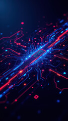 Obraz premium Dynamic abstract digital background with glowing red and blue neon patterns, resembling network or circuitry.