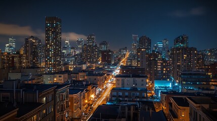 Obraz premium Aerial view of the city at night from the top of the buildings.