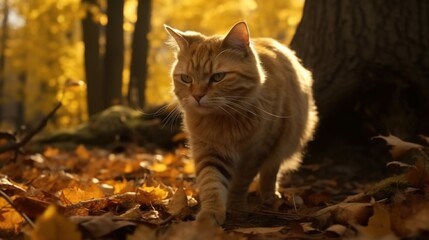 A cat walking through an autumn forest.