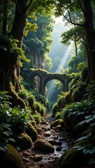 Malaysian Island Rainforest showcases lush greenery, sunlight filtering through towering trees, and ancient stone bridge. Concept highlights vibrant Malaysian Island Rainforest ecosystem