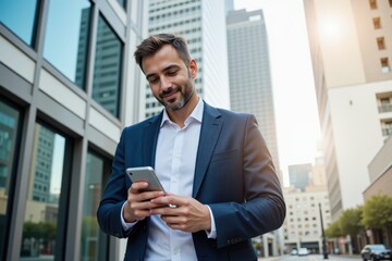 Fototapeta premium Young Adult Caucasian Male in Business Suit Using Smartphone in Urban Downtown Setting During Morning Light