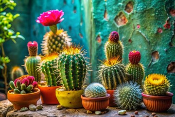 Peruvian Apple Cactus Indoor Desert Garden, Green Concrete Wall, Houseplants, Dried Flowers
