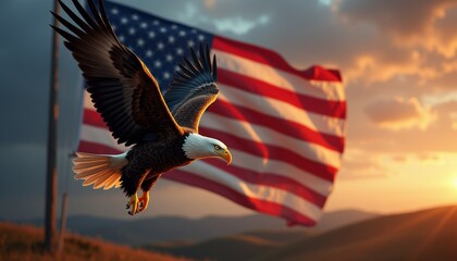 Majestic bald eagle soaring across a vibrant sunset sky, with the nation's symbol waving proudly in the background a powerful representation of freedom and strength