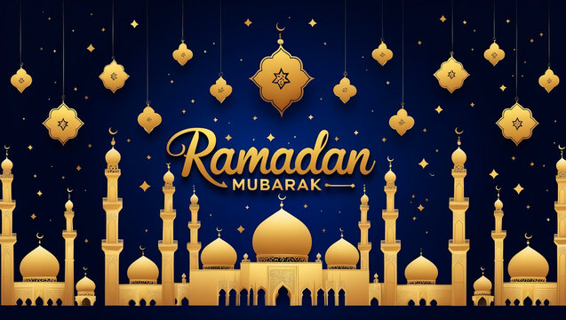Elegant Ramadan Mubarak Gold Mosque Festive Design Islamic Celebration Night Blue Background Beautiful Golden Ornament Hanging Decorations Starry Sky 