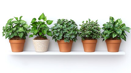 Five potted plants on a white shelf against a white wall; home decor