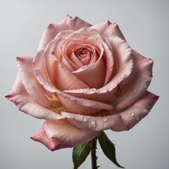 A delicate pink rose in full bloom, with soft petals unfolding gracefully, isolated on a pure white background.