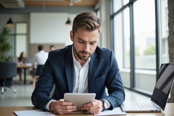 Focused Young Hispanic Man in a Smart Suit Engaging with a Tablet at a Modern Office Workspace, Surrounded by Colleagues in a Collaborative Environment