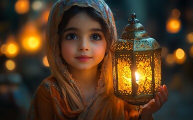Person in Traditional Attire Holding Lantern with Warm Glow and Twinkling Lights