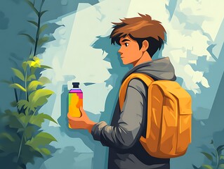 Boy with bottle, sunlight in forest