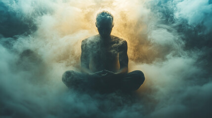Mystical meditation in a surreal cloudscape, symbolizing inner peace and enlightenment