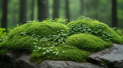 Lush green moss and plants on a rock in a forest.