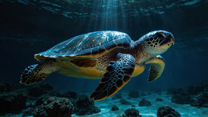 Fototapeta premium A majestic sea turtle swims gracefully through crystal-clear ocean waters, surrounded by coral and sunlight filtering down. A stunning representation of marine wildlife and underwater serenity