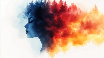 Surreal portrait of a woman merging with nature in a watercolor dream