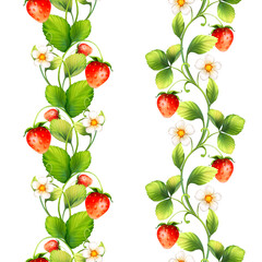 Fototapeta premium Strawberry with flowers, wild berries, leaves. Seamless decorative border on white background.